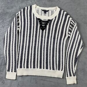 Rock & Republic Sweater Women M Cream Striped Lace Up Grommet Knit  Grunge Indie
